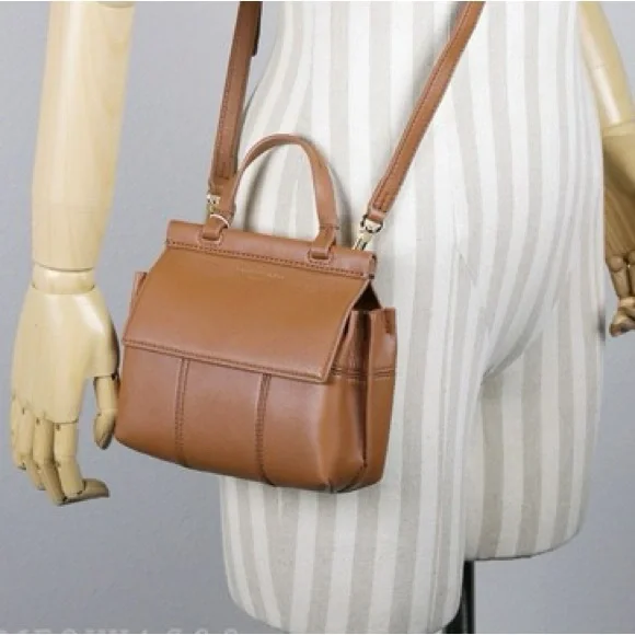 Tory Burch Block  T Mini Satchel Bag Light Tan Leather Handbag Top Handle 2 Ways - Picture 8 of 17